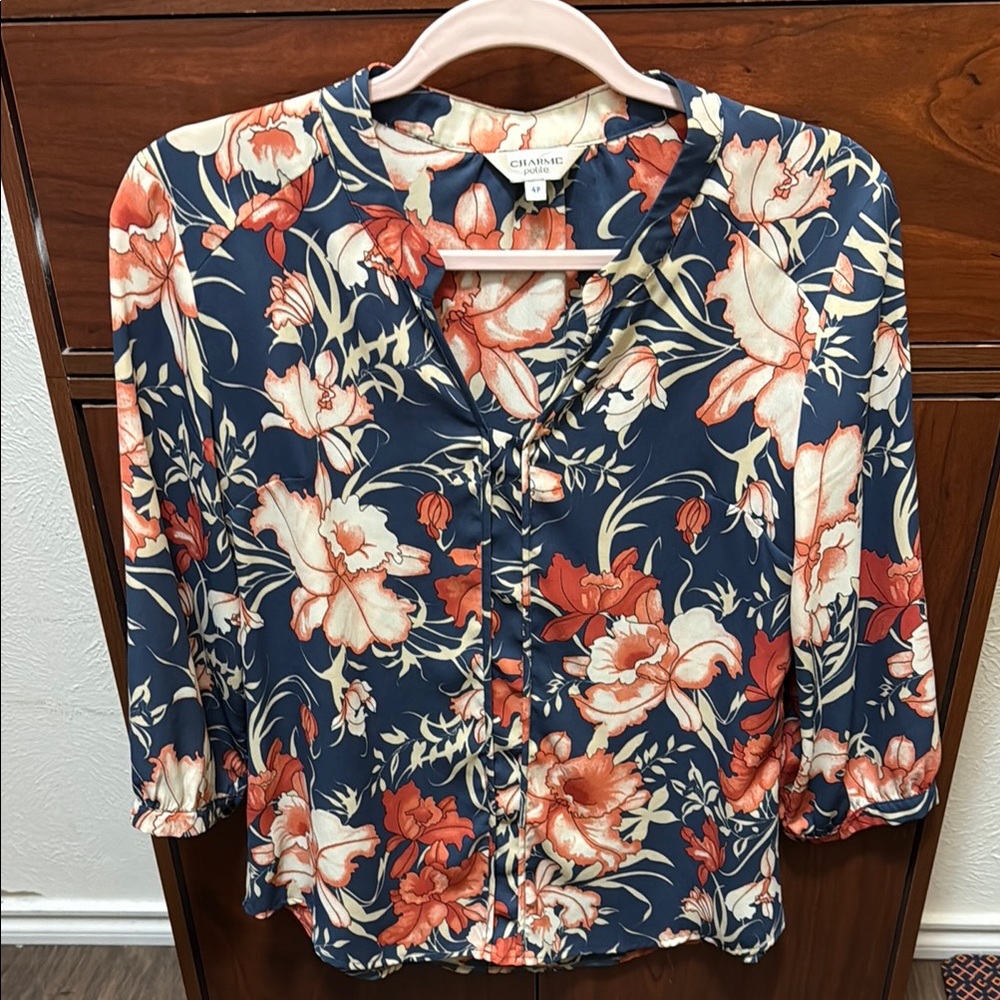 Blue and Pink 3/4 Sleeve Buttoned Blouse with Mandarin Collar